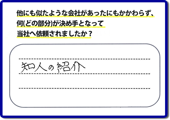 口コミ評判１３　知人の紹介。　当社にはリピーターさまをはじめ、ご依頼いただいたお客様からのご紹介により、ご依頼をしてくださる方々もたくさんいます。お客様からの評判が次の依頼者さまへの架け橋へ。また、当社へはたくさんの口コミコメントもいただいています。電話の対応、信頼できる、安心して任せらる便利屋・何でも屋として「【便利屋】暮らしなんでもお助け隊 福岡田島店」（福岡）へご依頼をいただき続けて２０年。家丸ごと片付け、不用品片付け、ハウスクリーニング、リフォーム、ちょっとした作業でも構いませんので、まずはお電話ください。福岡で口コミ評判一番の何でも屋、【便利屋】暮らしなんでもお助け隊 福岡田島店