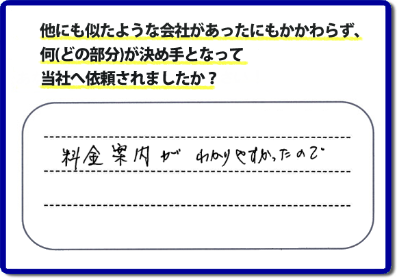 口コミ５　料金案内がわかりやすかったので。当社では、不用品片付け、お掃除、修理、などすべての作業において、お問い合せ時には費用の目安をお伝えして、現地では再度お見積り行いお客様のご承諾をいただいてから必ず作業を行っています。安心と信頼の何でも屋・便利屋なら「【便利屋】暮らしなんでもお助け隊 福岡田島店」（福岡）へお電話ください。ホームページではたくさんのクチコミ・評判のお客様の声・笑顔を掲載しています。ぜひご参考にしてください。